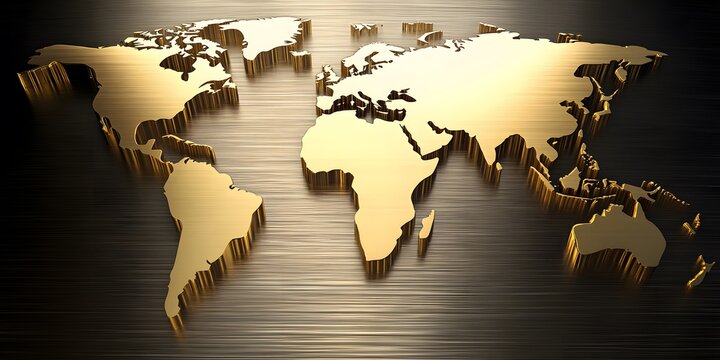 Fototapeta 3D Golden World Map on Brushed Metal Background
