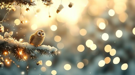 Fototapeta premium A small owl perches on a snow-covered pine branch in front of a bokeh-lit background