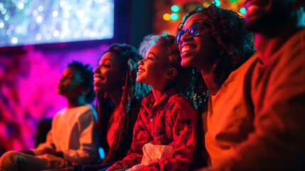 Family enjoying entertainment together in a colorful setting