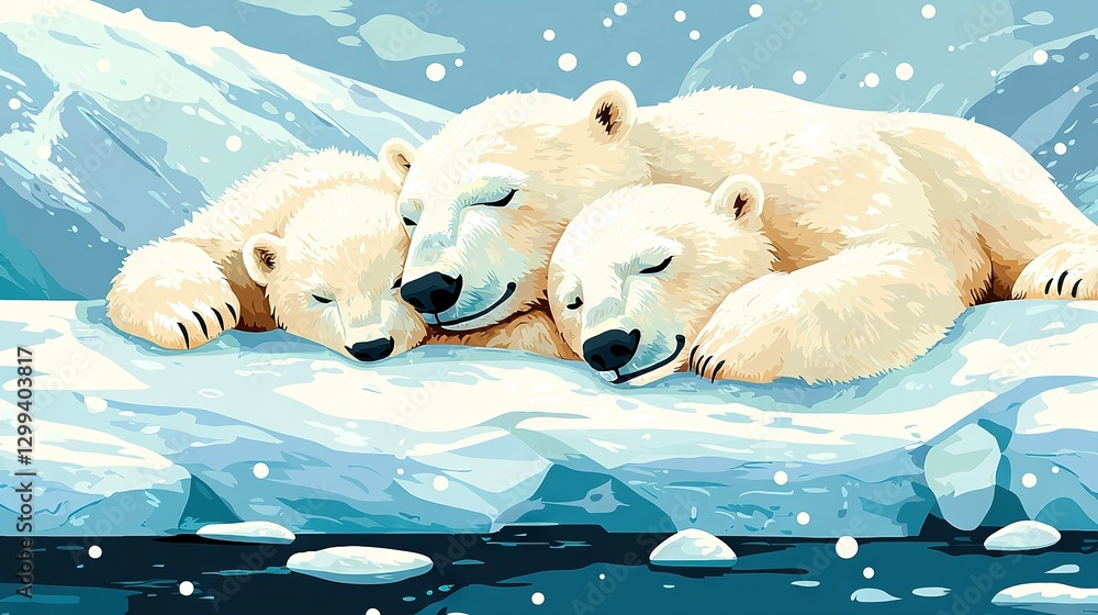 Poster a pair of polar bears resting on an ice float beside each other on top of another ice float