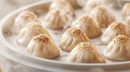 Steaming Sesame Buns: A Close-Up of Fluffy, Sesame-Seeded Buns Steaming in a White Round Steamer Basket