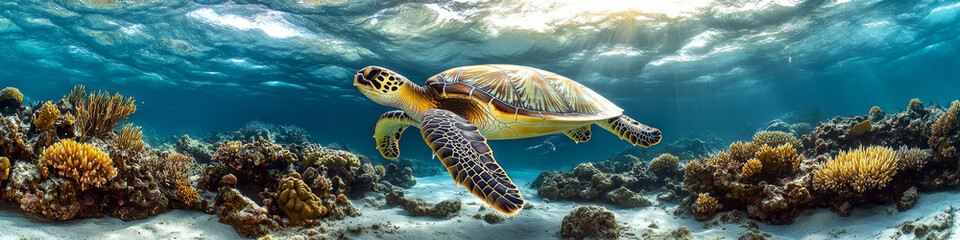 Fototapeta premium A sea turtle swims gracefully over colorful coral reefs in clear blue water. Concept of marine life and underwater exploration. For ocean-themed educational photo
