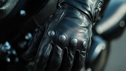 Closeup Black Leather Motorcycle Gloves Studded Detail High Quality Fashion Accessory Riding Gear Protective Gear Biker Style Premium Texture Detailed