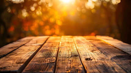 Golden Sunset Wooden Table Autumn Background