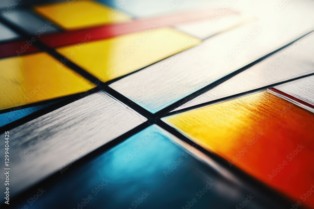 Poster abstract geometric artwork with vibrant colors and metallic textures, showcasing intersecting lines 