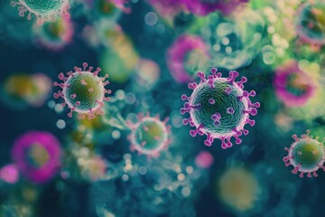 microscopic microbiome view of measles virus microorganisms, pathogen and cells macro shot, colorful biology and virology background