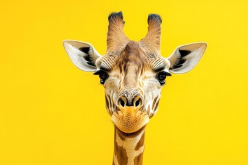A close up image showing a giraffe head against yellow background
