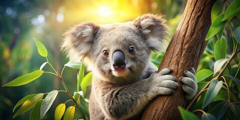 Fototapeta premium Adorable Koala Joey Clinging to Tree Branch in Australian Eucalyptus Forest