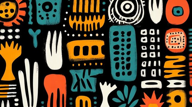 Vibrant Hand-Drawn African Inspired Graphic Elements on a Black Background Seamless Loop