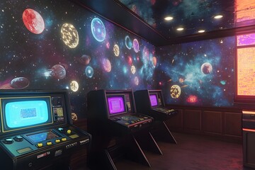 Fototapeta premium Futuristic Arcade with Cosmic Visuals and Retro Gaming Stations