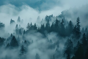 A dense forest of tall evergreen trees shrouded in mist on a misty morning, Floating strands of fog