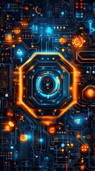 Futuristic circuit board, glowing core, technology, digital art, abstract background, tech wallpaper
