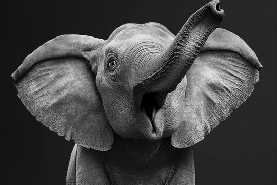 A gray elephant appears to trumpet with mouth open widely