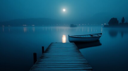 Fototapeta premium Moonlit lake, tranquil boat, wooden pier, night scene