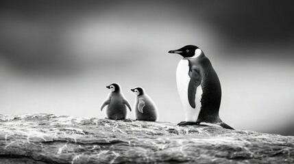 Fototapeta premium A monochromatic image of penguins perched on a jagged cliff with a muted gray backdrop