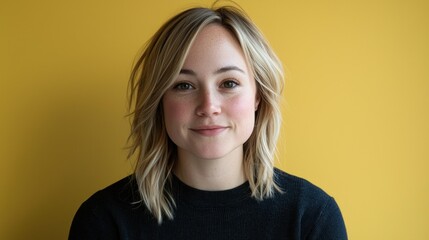 Fototapeta premium Portrait of a blonde smiling woman on a yellow background. For advertising
