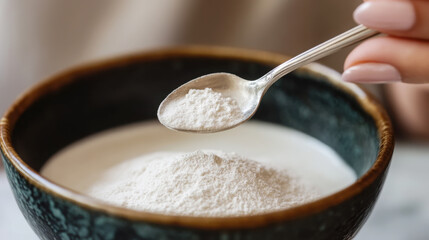 Close-up of spoonful of edible retinol powder for skincare and supplement use