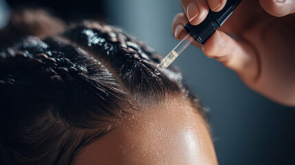 Obraz premium Close-up of model using scalp care serum for healthy hair routine