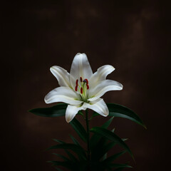 Elegant white lily flower in full bloom with delicate petals and rich green leaves, standing out against a dark background