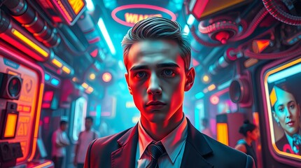 Cyberpunk Cityscape: A Young Man's Journey Through Neon-Drenched Alleys