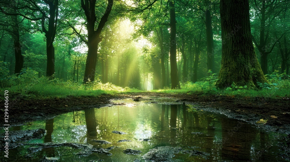 Poster sunbeams illuminate a tranquil forest path reflecting in a puddle.