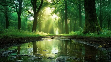 Sunbeams illuminate a tranquil forest path reflecting in a puddle.