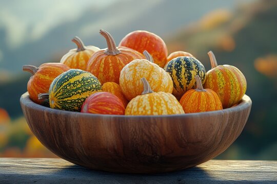 A wooden bowl filled with colorful gourds and pumpkins, bathed in warm sunlight, creating a picturesque autumn scene.