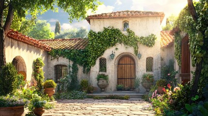 Fototapeta premium Sunlit Mediterranean villa with lush garden and stone pathway.