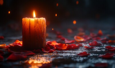 Burning candle, rose petals, dark background; romance, remembrance