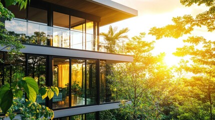 Fototapeta premium Modern glass house in lush tropical forest at sunset.