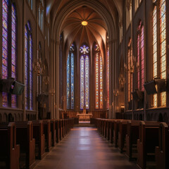 Fototapeta premium Majestic gothic cathedral interior with soaring stained glass windows, intricate arches, and soft golden light illuminating the altar