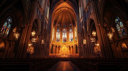 Majestic church interior with stained glass and altar.