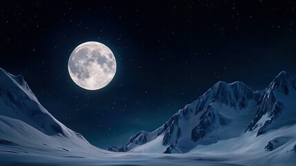 Fototapeta premium A clear view of a snow-topped mountain range beneath a full moon, surrounded by twinkling stars above