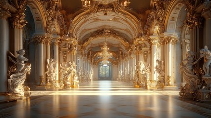 Fototapeta premium Sunlit Golden Hall: Angelic Statues and Baroque Architecture