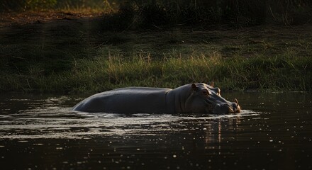 Fototapeta premium Hippopotamus Relaxing in Water at Sunset African Wildlife
