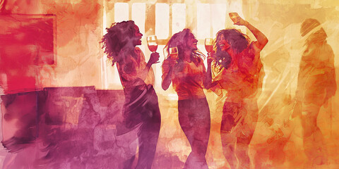 Watercolor of happy women dancing and toasting with wine glasses in warm abstract colors. Concept of friendship, celebration, joy, nightlife, social bonding, women's empowerment, National Women's Day