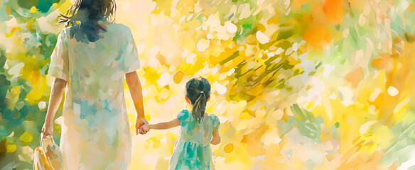 Mother and daughter walking hand in hand through sunlit nature in watercolor art. Concept of family, love, bonding, childhood, motherhood, togetherness, warmth, outdoor happiness, parenthood