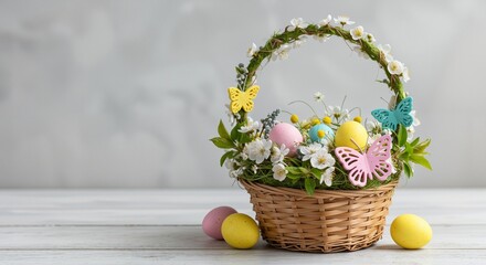 Easter basket adorned with colorful eggs and butterflies, creating a cheerful spring atmosphere with delicate flowers and greenery surrounding it