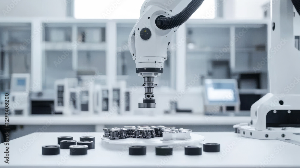 Poster futuristic robotic arm assembling parts in high-tech laboratory environment. concept of automation, 