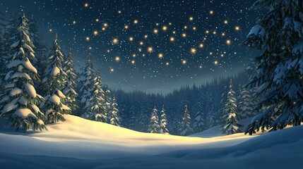   A snow-covered forest at night, under a starry sky