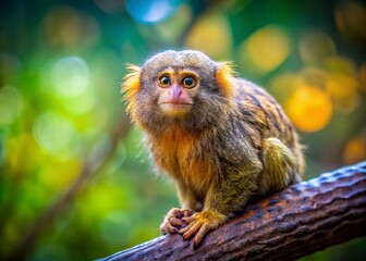 Adorable Pygmy Marmoset Perched on Branch, Curious Gaze, High Depth of Field Stock Photo