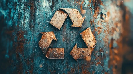 Recycling symbol on aged metal wall. Concepts of waste management and global issues