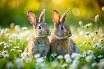 Obraz premium Adorable Rabbit Couple in Wildflower Meadow - Candid Stock Photo