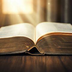 Obraz premium Vintage Bible with aged golden pages in soft light, symbolizing faith, wisdom, and the spiritual guidance of Christianity