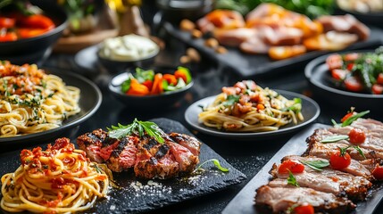 Obraz premium Delicious Gourmet Food Platter Italian Dinner Pasta Steak Meat Dishes Restaurant Menu Background Culinary Photography Food Styling Tasty Appetizing 