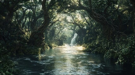 Fototapeta premium Sunlit stream flows through lush, green jungle towards waterfall.