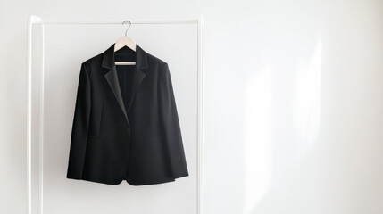 Stylish Black Blazer Hanging on Minimalist White Rack in Bright Clean Space. Concept of Fashion, Minimalism, Modern Style, Elegant Apparel. Copy space. White background