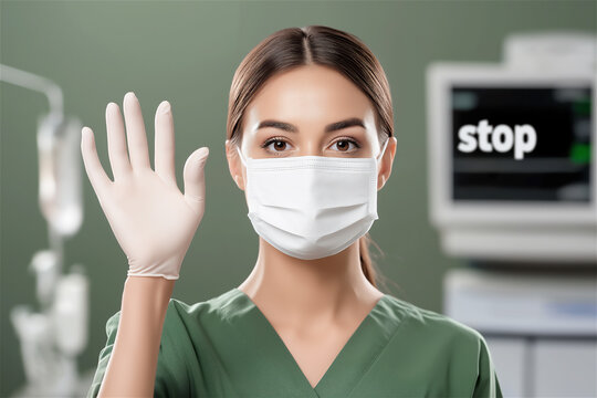 A healthcare worker wearing a mask and gloves, giving a hand gesture. The image conveys the importance of safety and health protocols in the current climate.