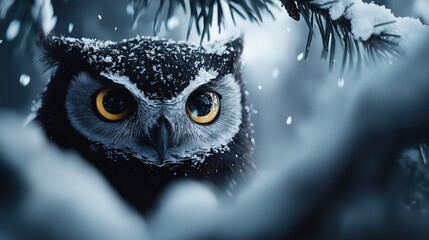   A snow-covered owl's face, surrounded by a pine tree background