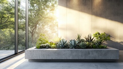 Sunlit Modern Room with Concrete Planter and Lush Greenery